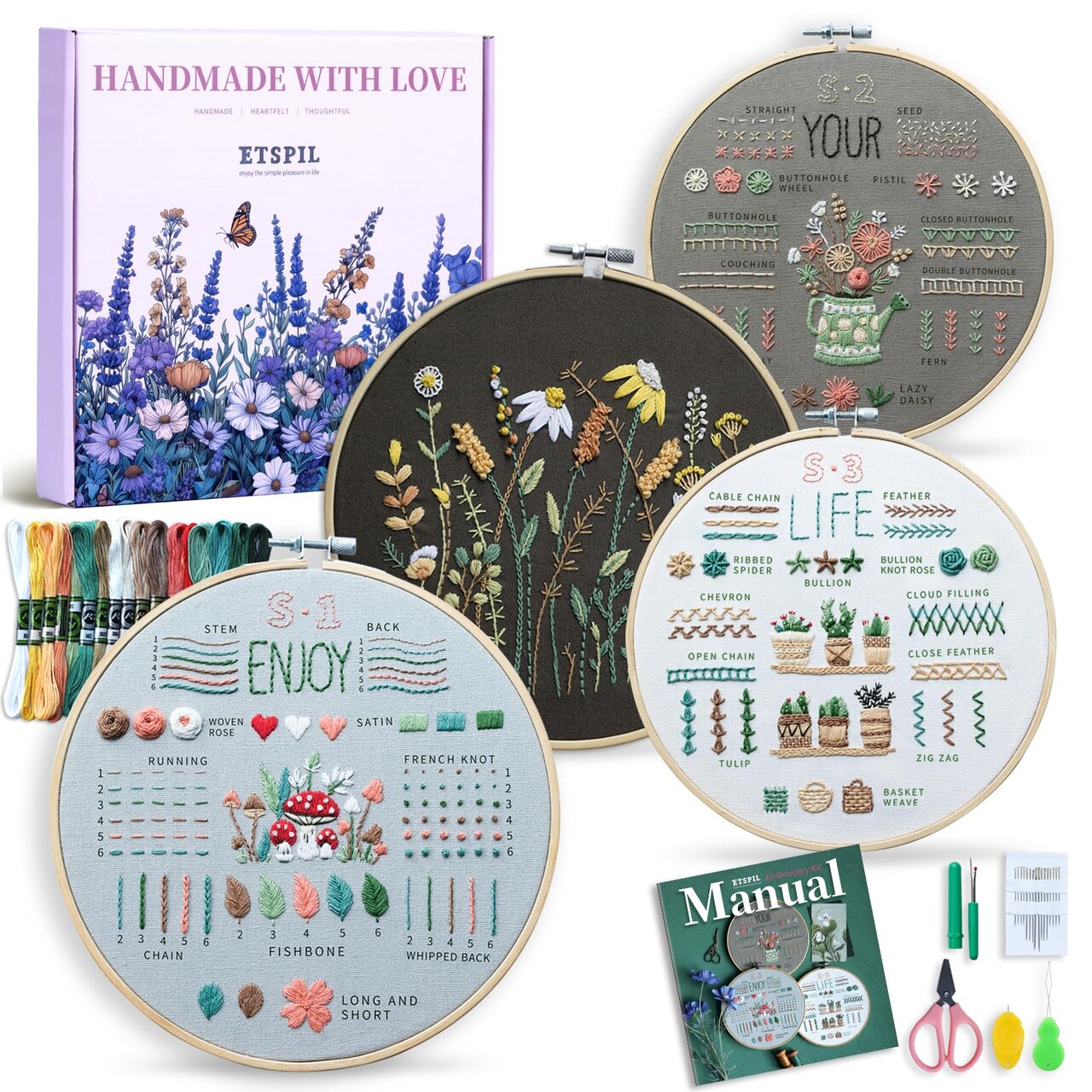 ETSPIL Embroidery Kit for Beginners, 4 Floral Patterns, Learn 33 Stitches, Pre-Printed Fabric, 7.8-Inch Hoop, Colored Threads and Needles, Easy Video Guide, DIY Hand Sewing Gift for Adults and Teens